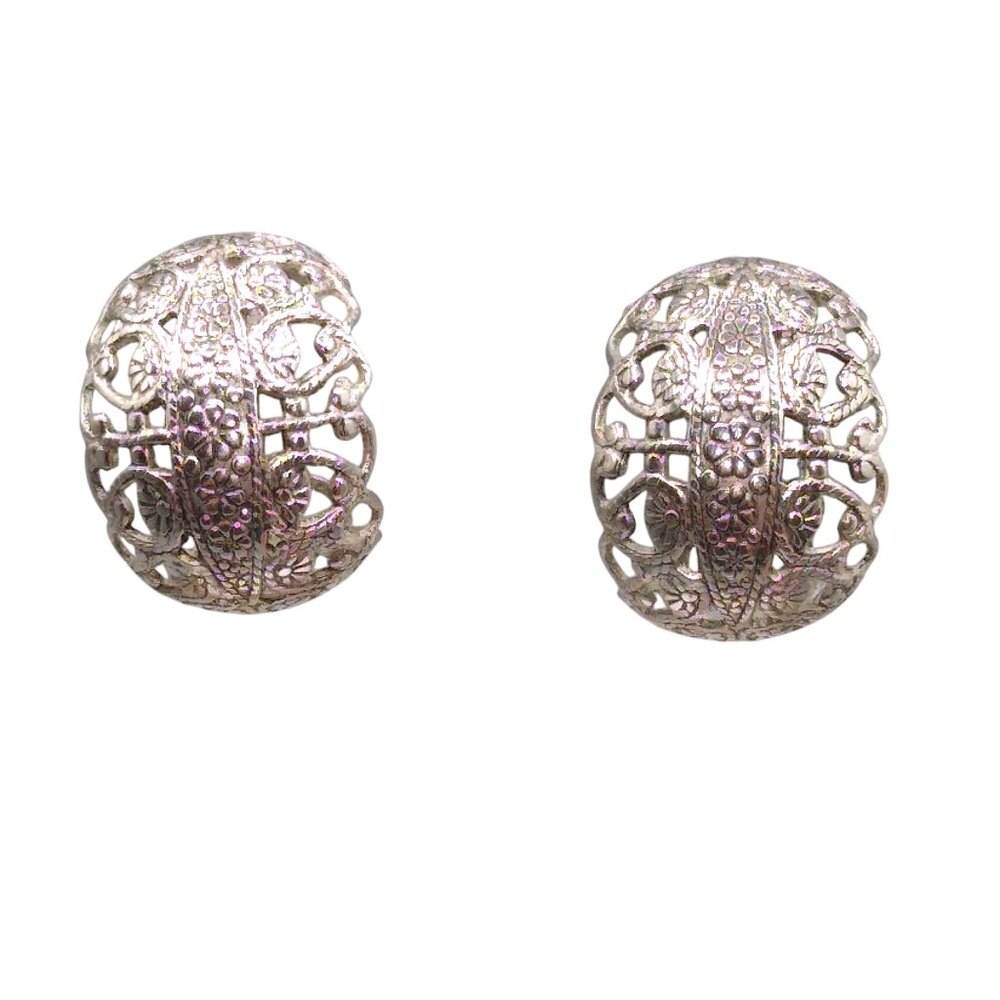 Lacy Filigree Hoop Earrings Vintage Segal of California Silver Tone Clip On Hoop